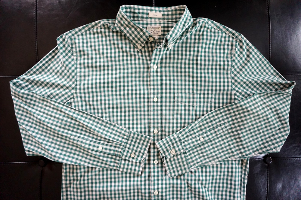 J Crew Slim Fit Green Gingham Organic Cotton Button Down Poplin Shirt Mens Large